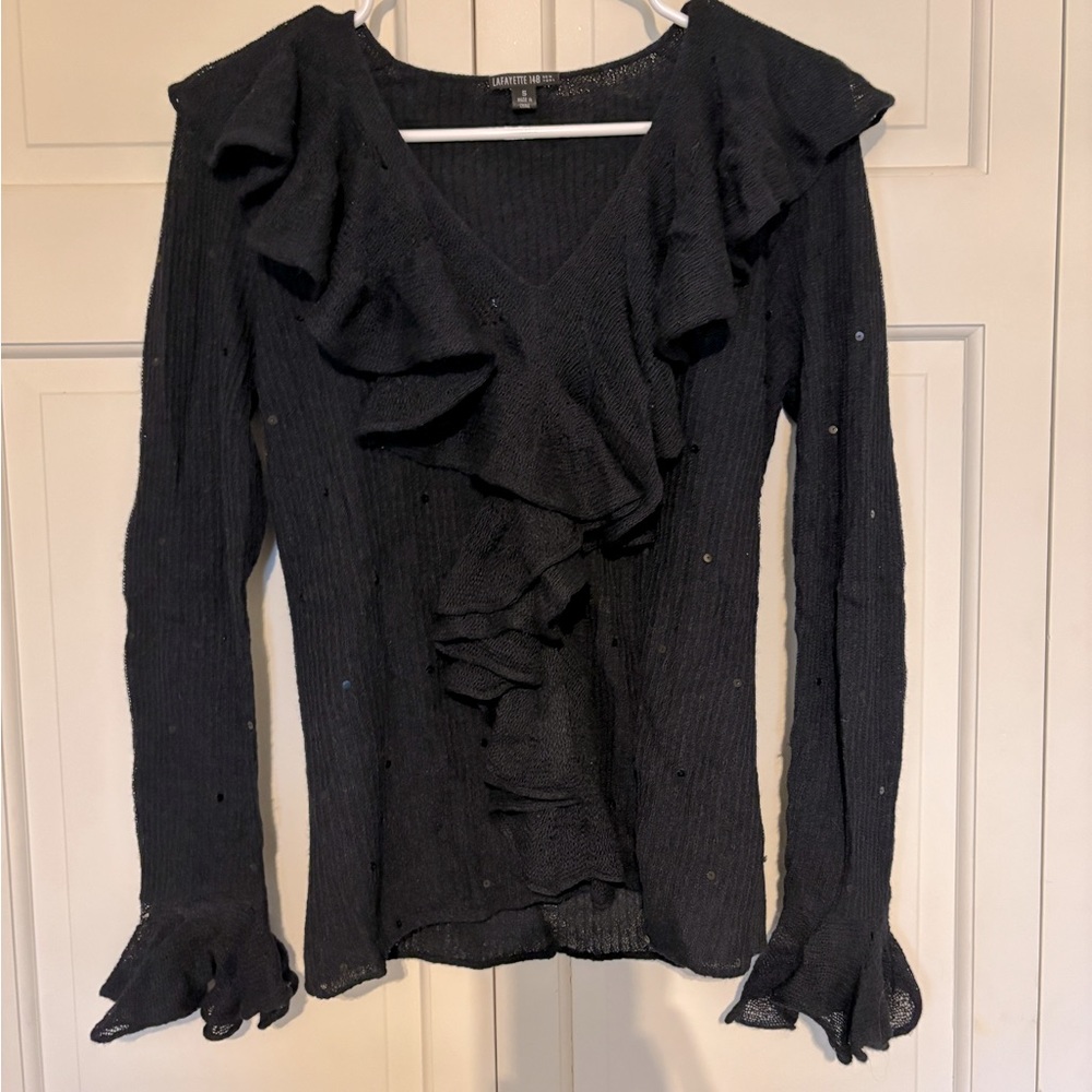 Lafayette 148 New York, black sweater with ruffle and sequin details